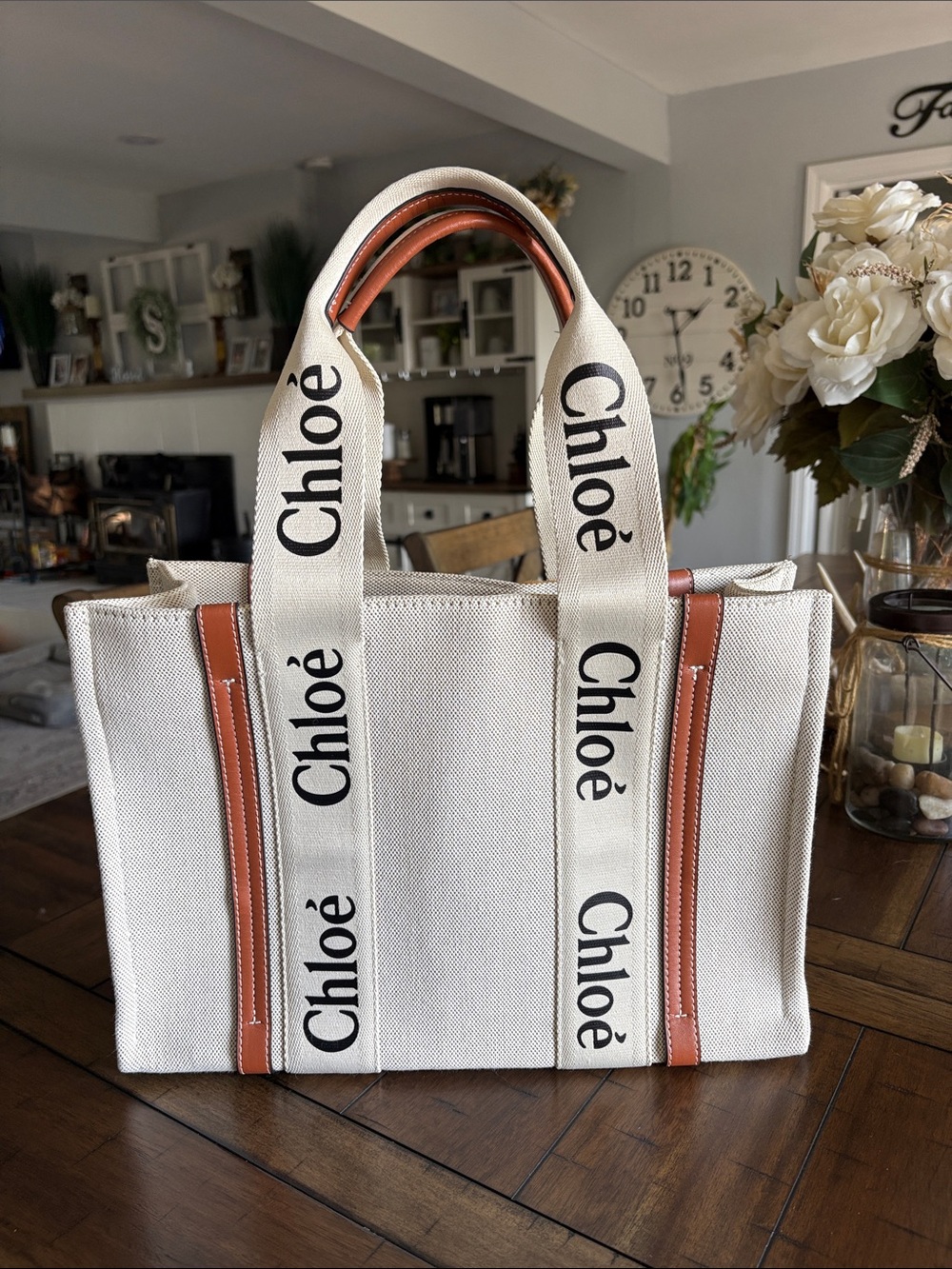 Beige Canvas Fashion Tote with Tan Leather Trim